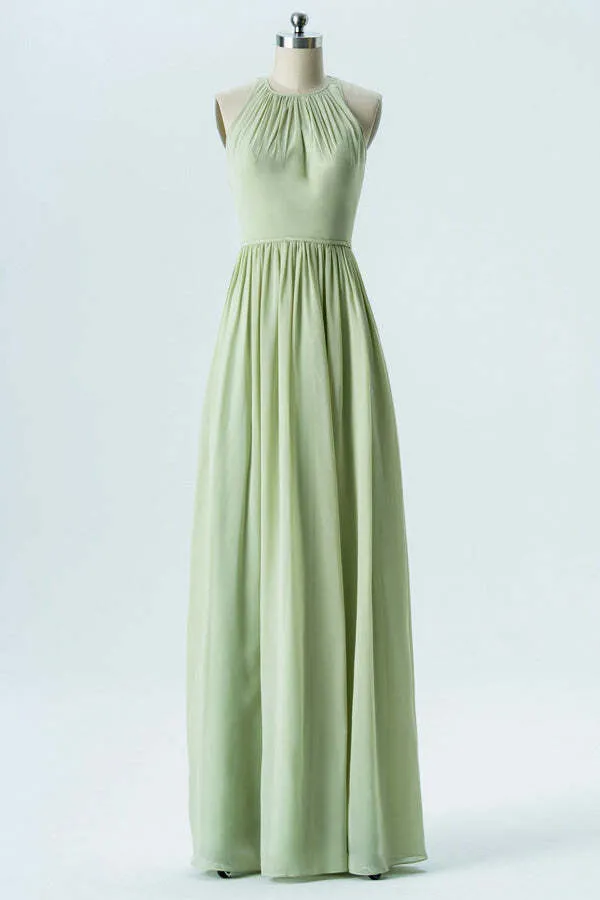 Sage Green Jewel Chiffon A-line Long Bridesmaid Dress