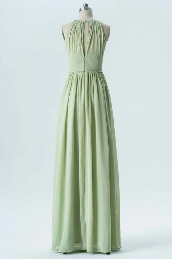 Sage Green Jewel Chiffon A-line Long Bridesmaid Dress