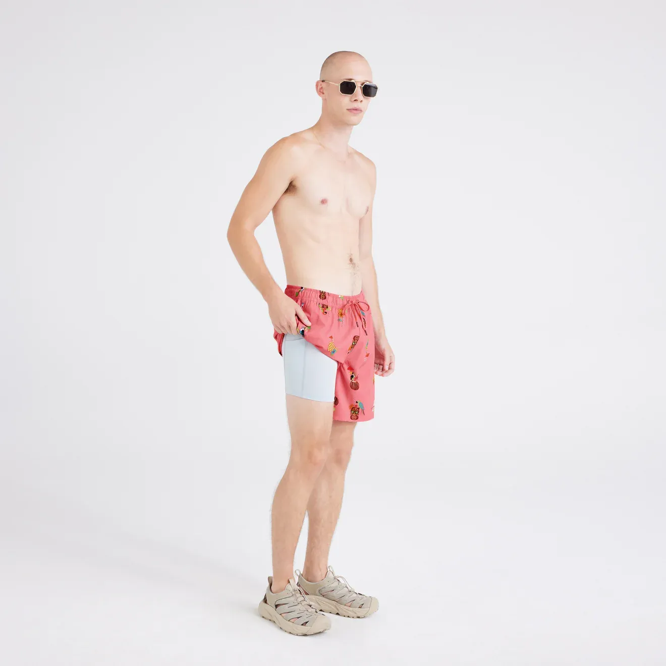 Saxx Mens Oh Buoy 2N1 7" Swim Short - Birds Of Paradise-Coral