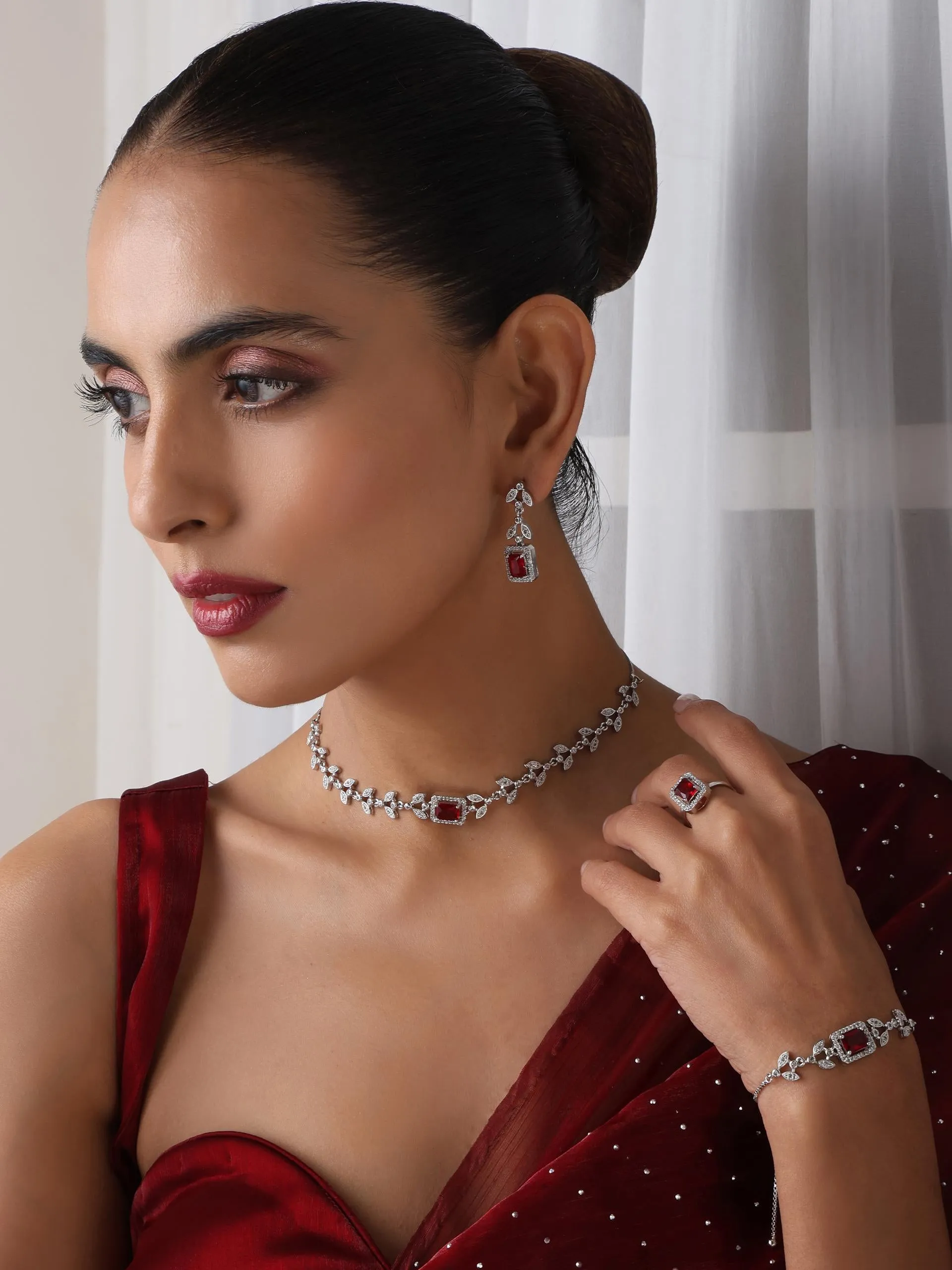 SET - Red Petal Diamond Necklace, Earring, Ring, Bracelet