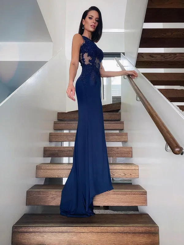 Sexy Mermaid Lace Navy Blue Prom Dresses Sleeveless Evening Gowns