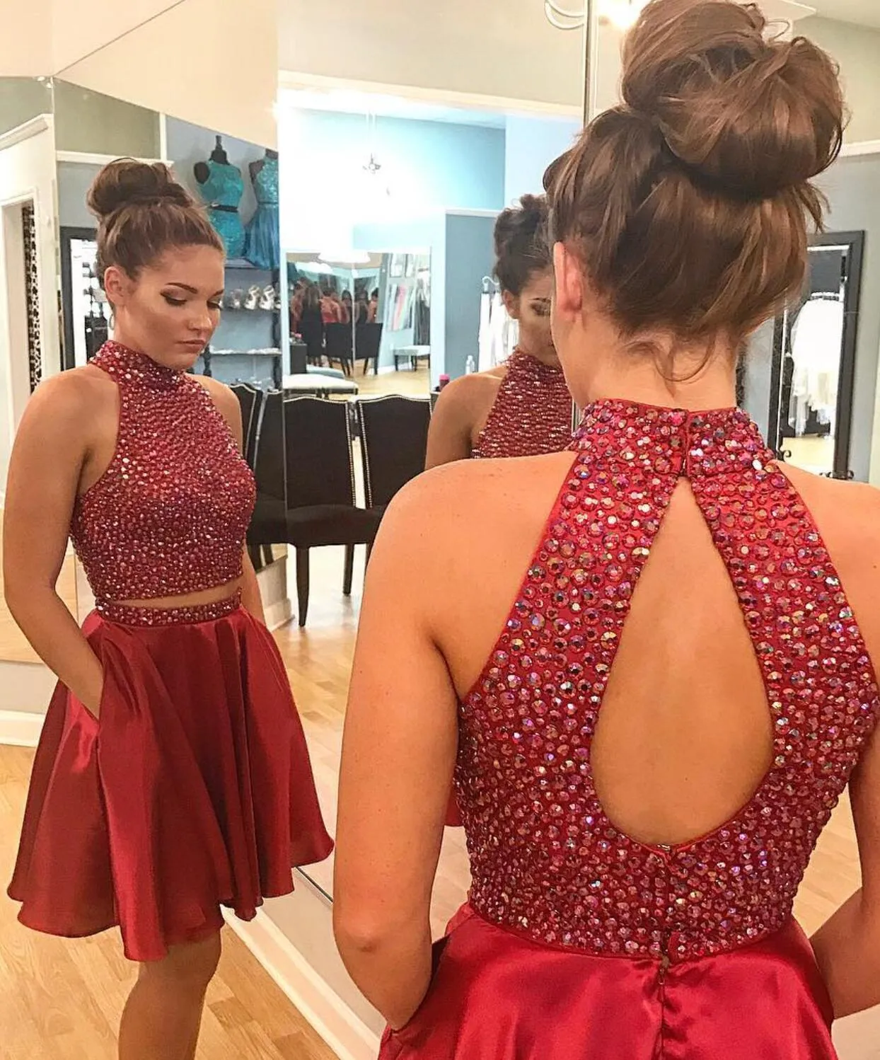 Sexy Two Piece Short Rhinestone Cute Red Homecoming Dresses 2018, BDY0255