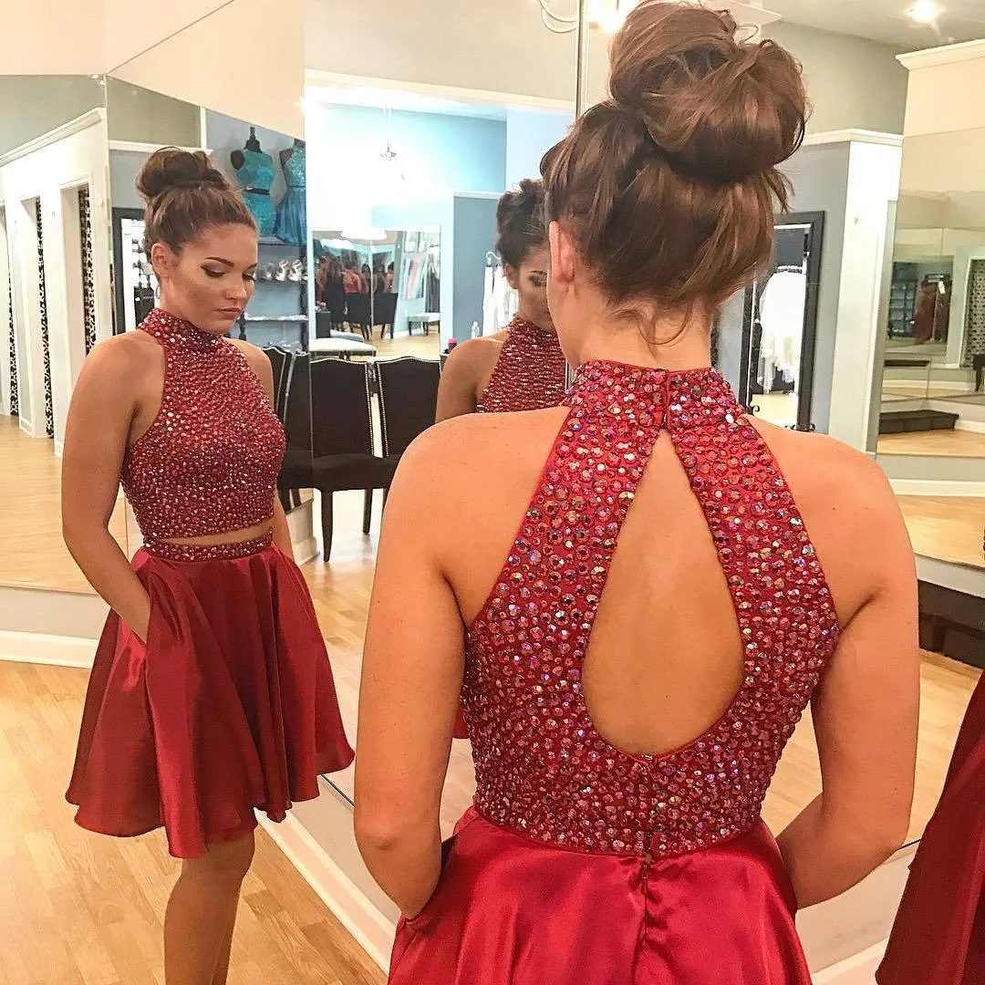 Sexy Two Piece Short Rhinestone Cute Red Homecoming Dresses 2018, BDY0255