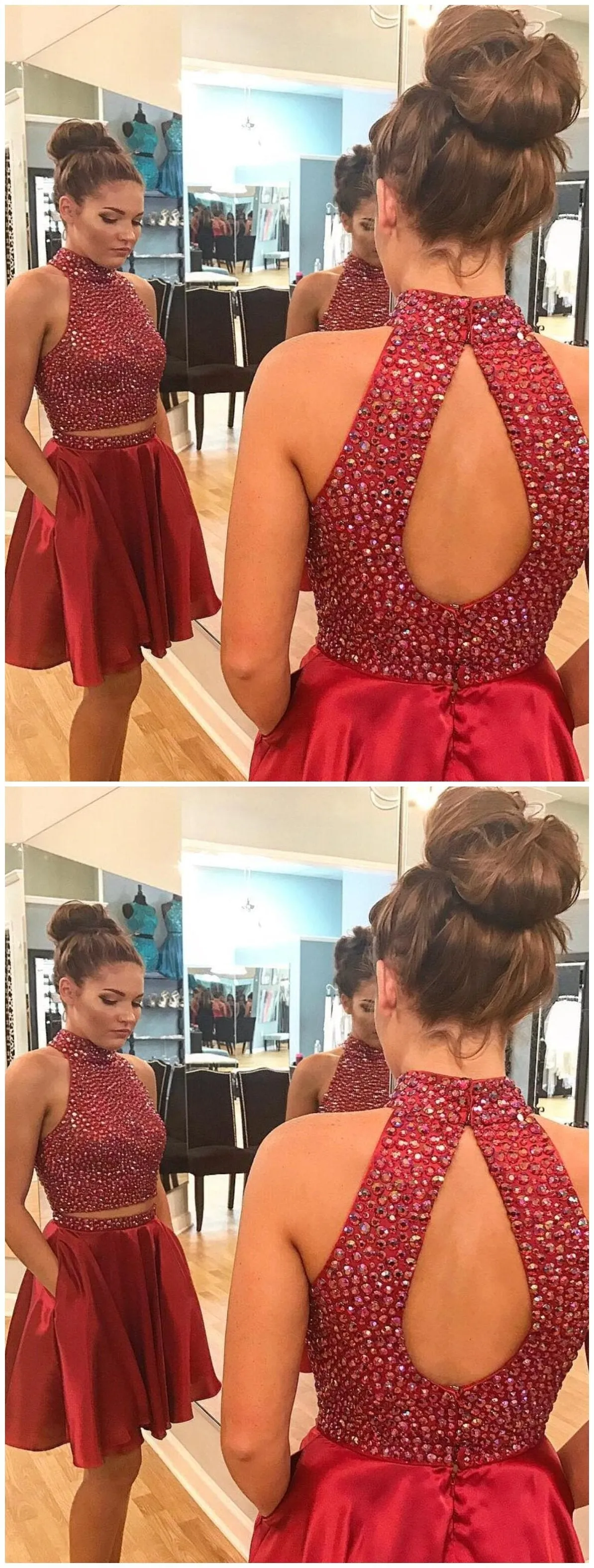 Sexy Two Piece Short Rhinestone Cute Red Homecoming Dresses 2018, BDY0255