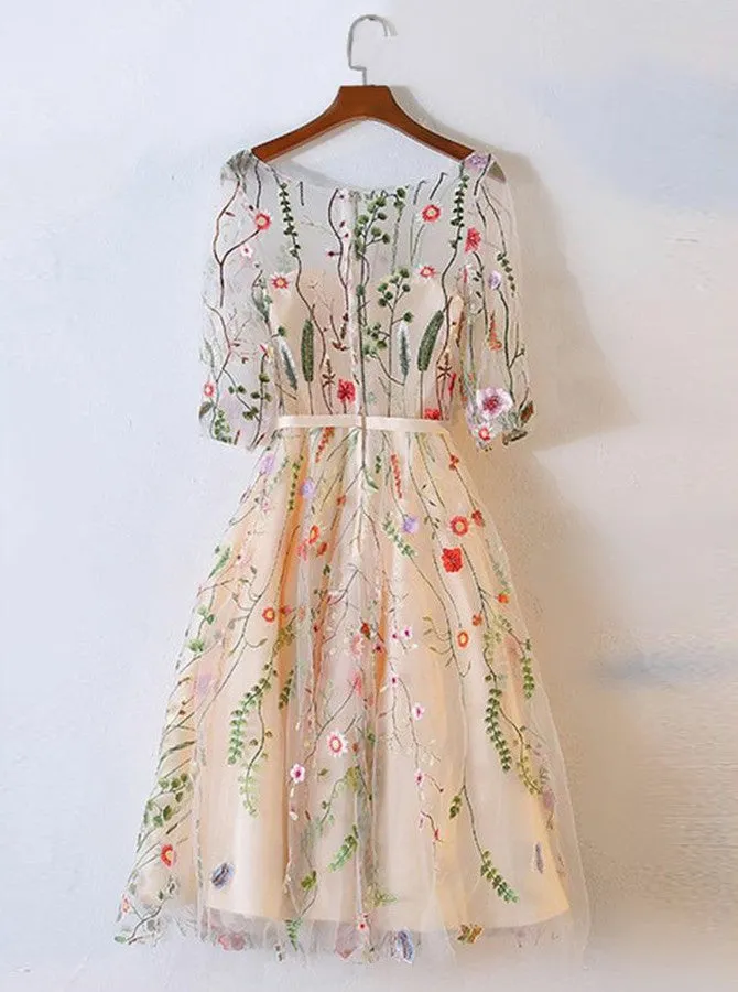 Short Beige Tulle Homecoming Dress with Embroidery