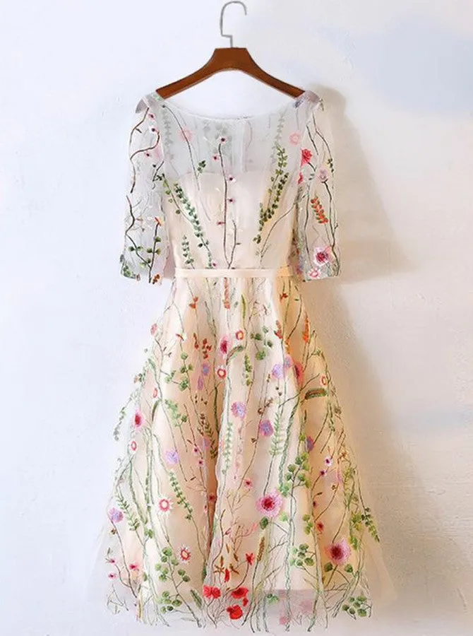 Short Beige Tulle Homecoming Dress with Embroidery