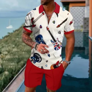 Short Sleeve Zip Polo Guitar Graphic Shorts Set 2404001467