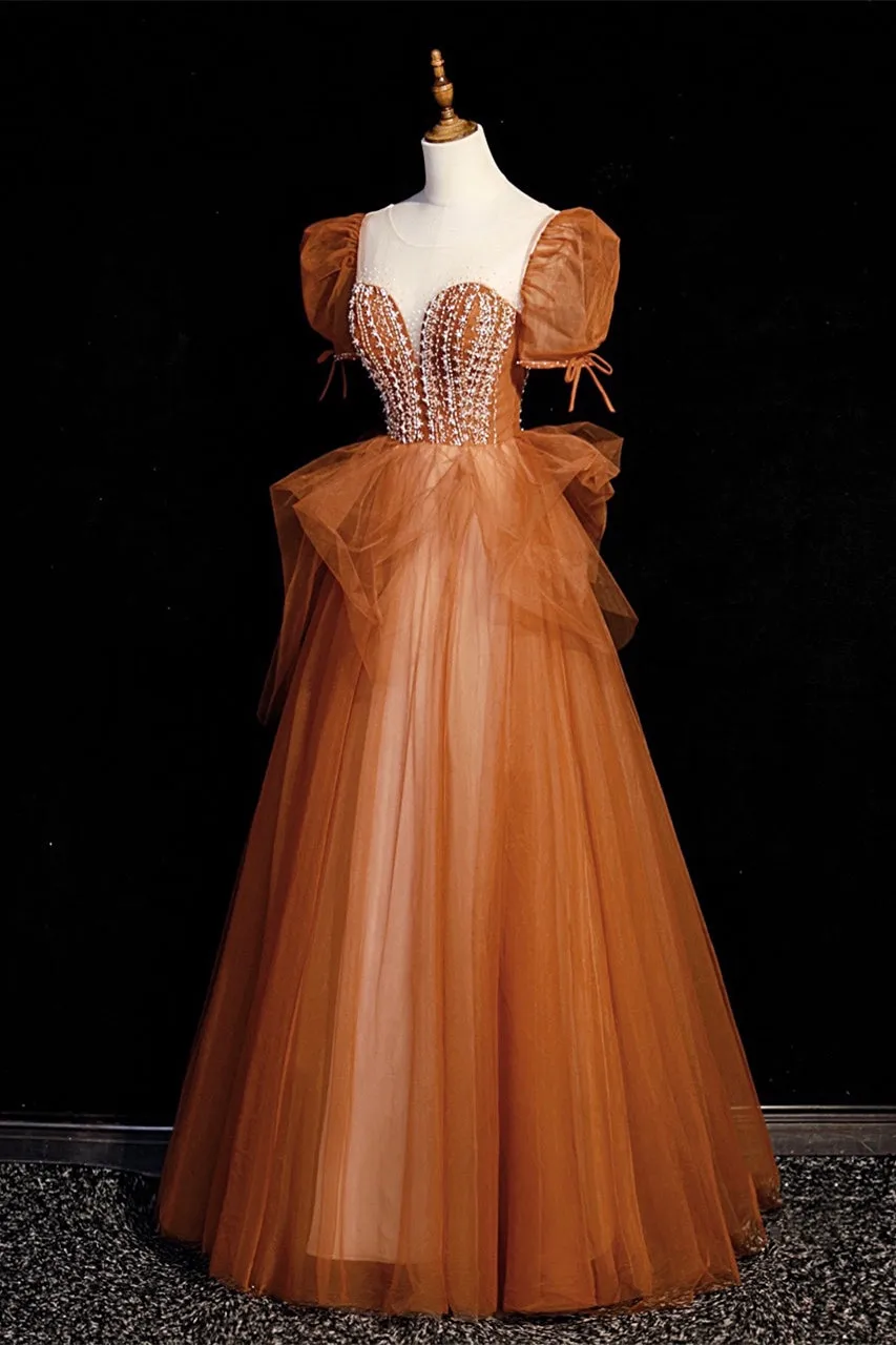 Short Sleeves Brown A-line Beaded Long Formal Dress