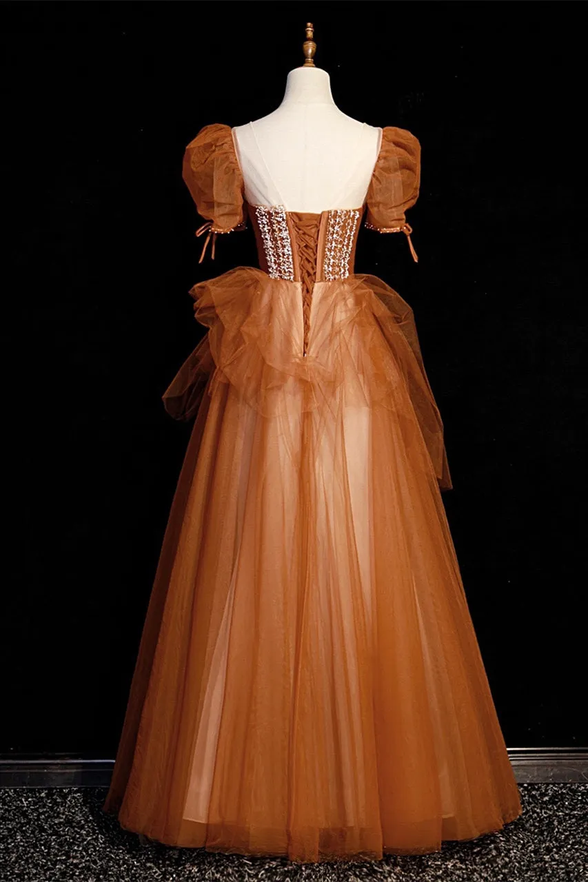 Short Sleeves Brown A-line Beaded Long Formal Dress