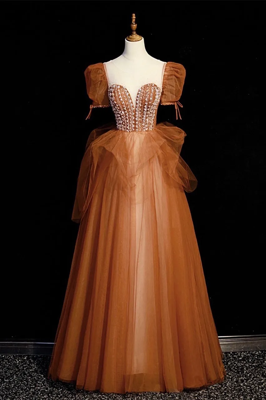 Short Sleeves Brown A-line Beaded Long Formal Dress