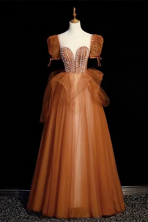Short Sleeves Brown A-line Beaded Long Formal Dress