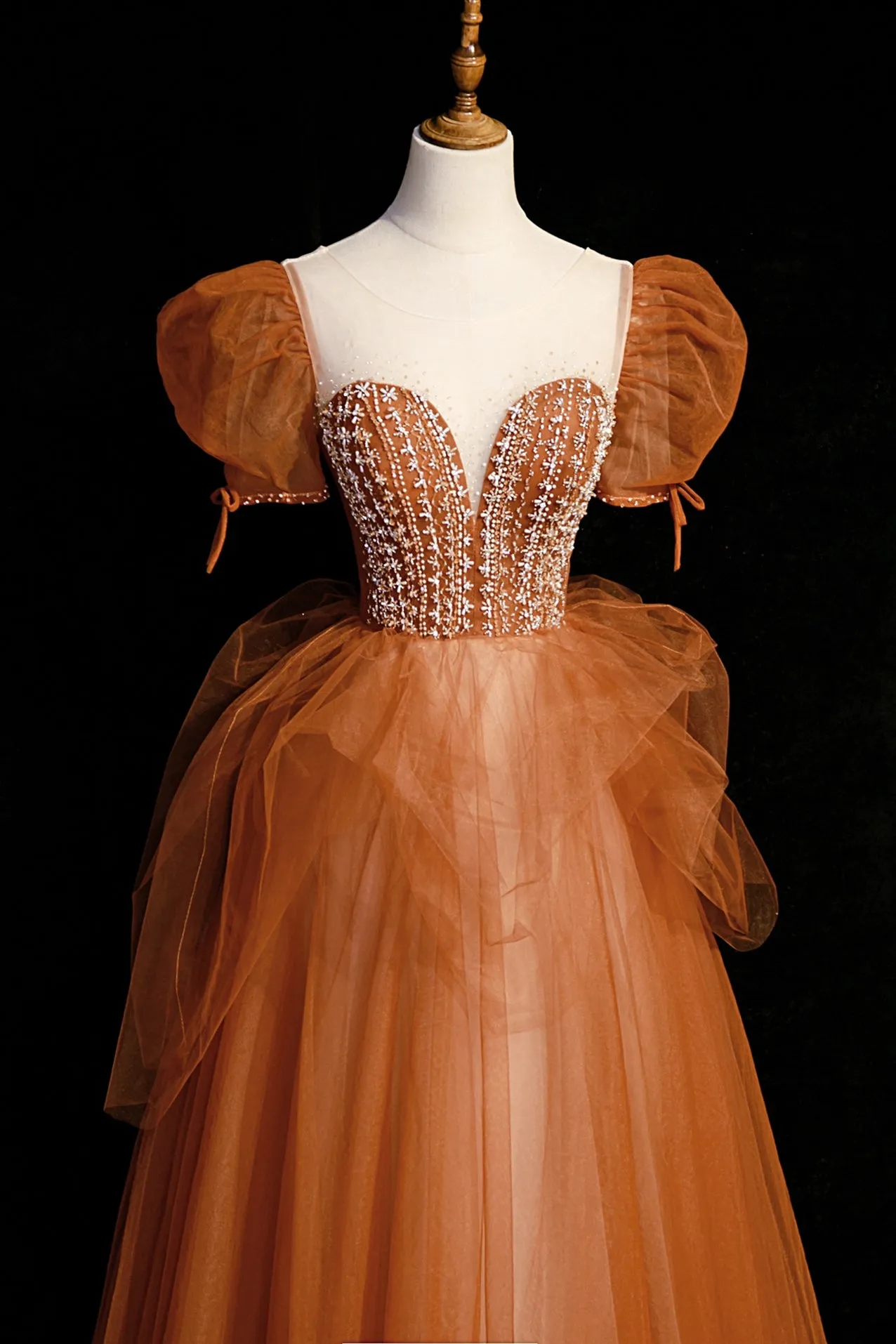 Short Sleeves Brown A-line Beaded Long Formal Dress