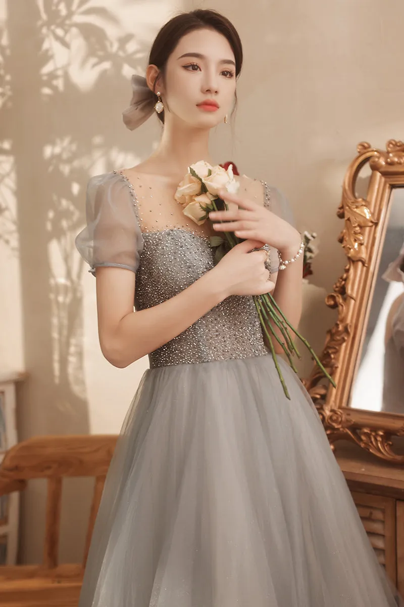 Short Sleeves Grey Beaded A-line Tulle Long Formal Dress