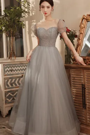 Short Sleeves Grey Beaded A-line Tulle Long Formal Dress