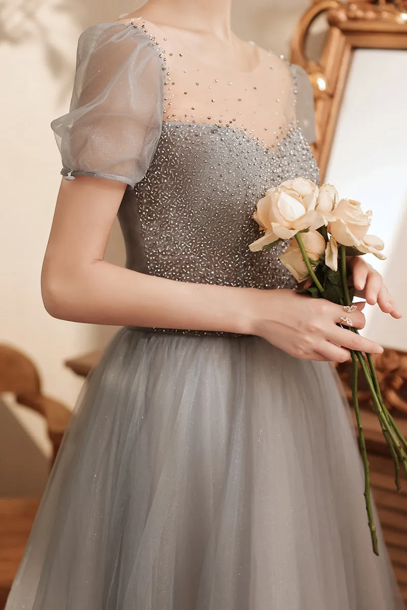 Short Sleeves Grey Beaded A-line Tulle Long Formal Dress