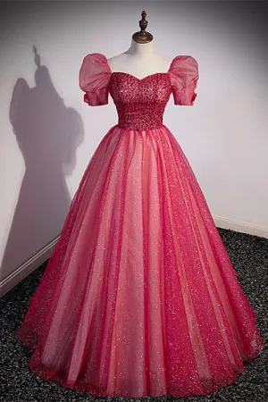 Short Sleeves Red Beaded A-line Long Formal Gown