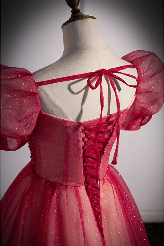 Short Sleeves Red Beaded A-line Long Formal Gown