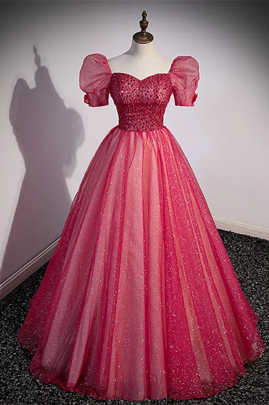 Short Sleeves Red Beaded A-line Long Formal Gown