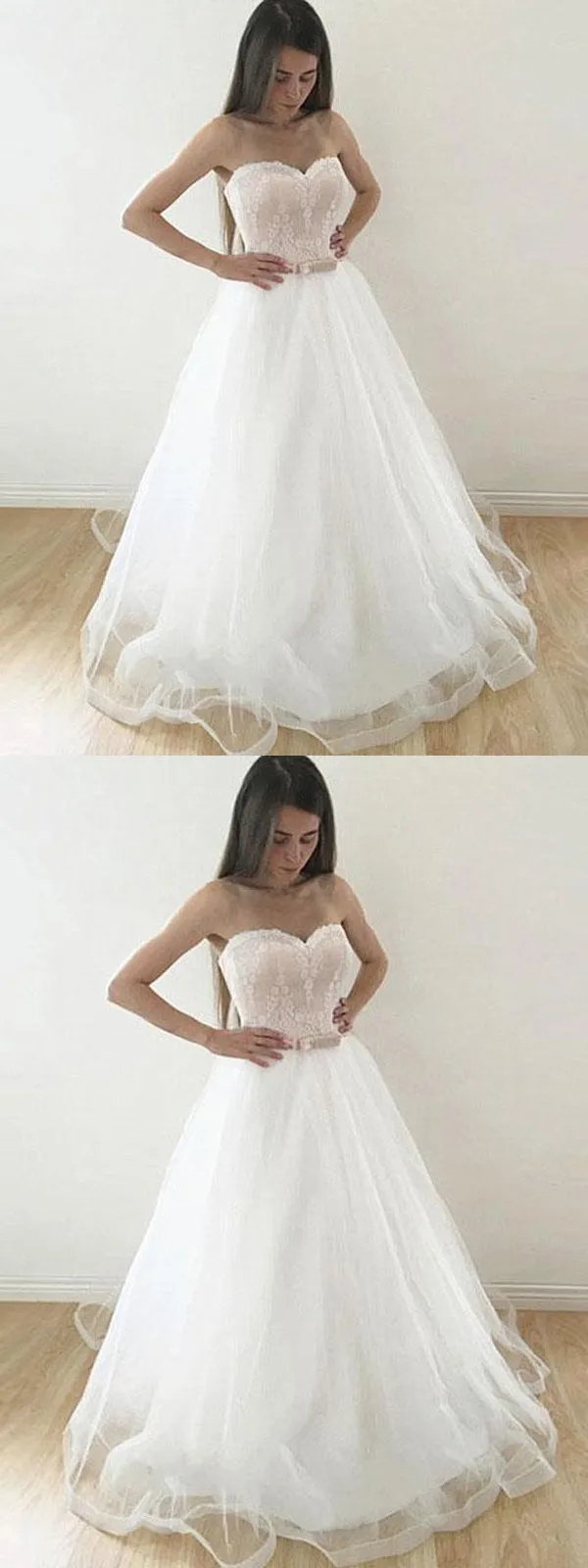 Simple A_Line Strapless White Tulle  Lace Wedding Party Dresses With Belt, WDY0152