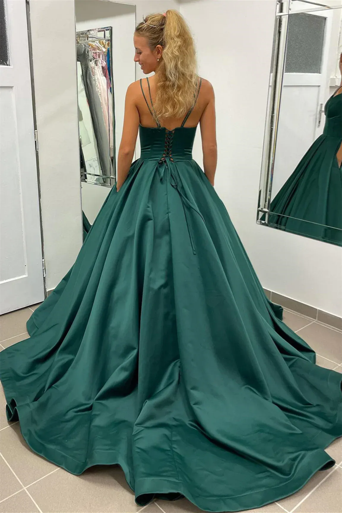 Simple Emerald Green Satin Prom Dresses A Line Double Straps