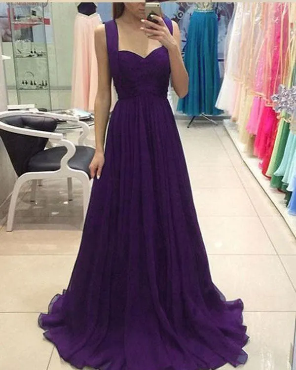 Simple Navy Blue Chiffon Prom Dresses with Straps A line Long Prom Gowns for Party Pageant Dress