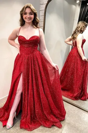 Simple Sequin Long Burgundy Prom Dresses with High Slit
