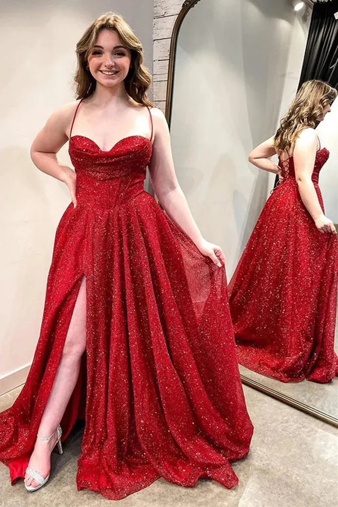 Simple Sequin Long Burgundy Prom Dresses with High Slit