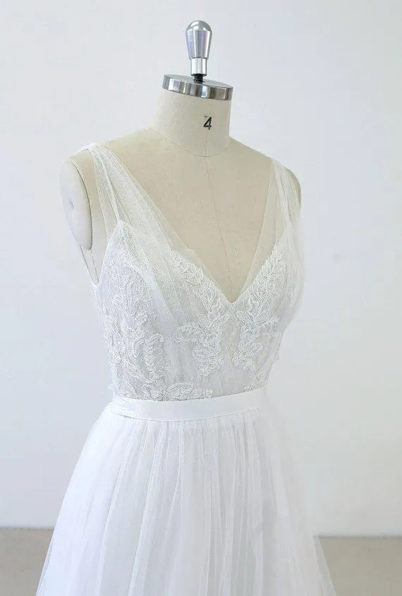 Simple V Neck Lace Chapel Tail A-line White Wedding Dresses Online, WD372