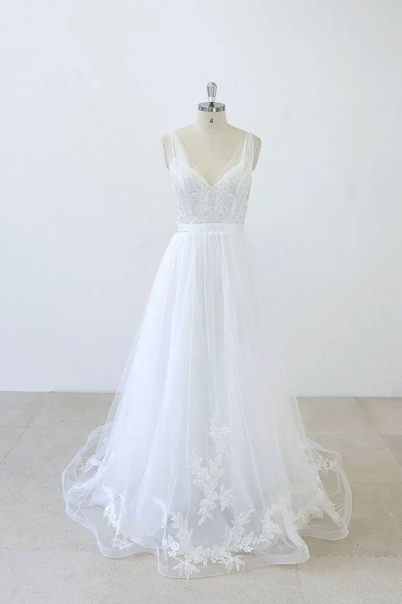 Simple V Neck Lace Chapel Tail A-line White Wedding Dresses Online, WD372