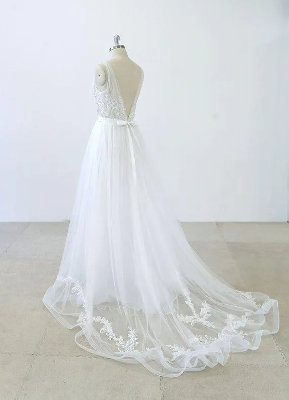 Simple V Neck Lace Chapel Tail A-line White Wedding Dresses Online, WD372