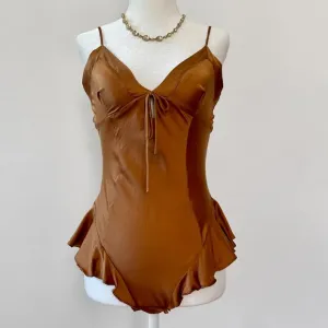 SKIMS bronze silk teddy bodysuit