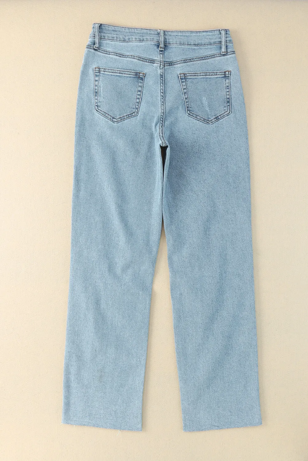 Sky Blue Distressed Frayed Hem Holed Straight Leg Loose Jeans