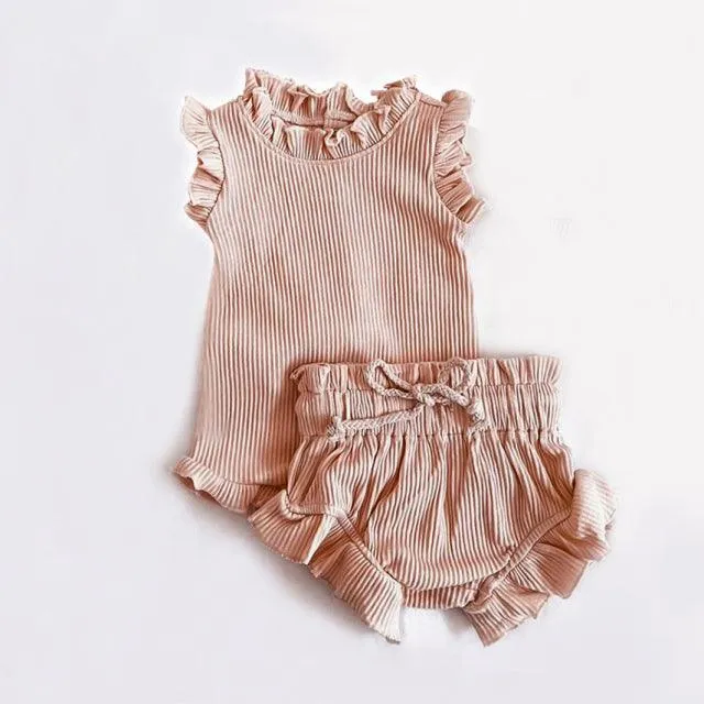 Sleeveless Ribbed Ruffle Romper & Shorts