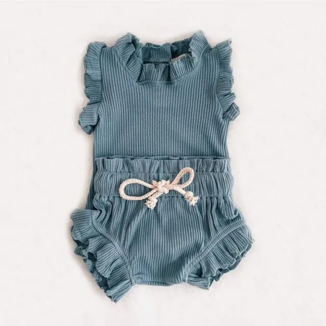 Sleeveless Ribbed Ruffle Romper & Shorts