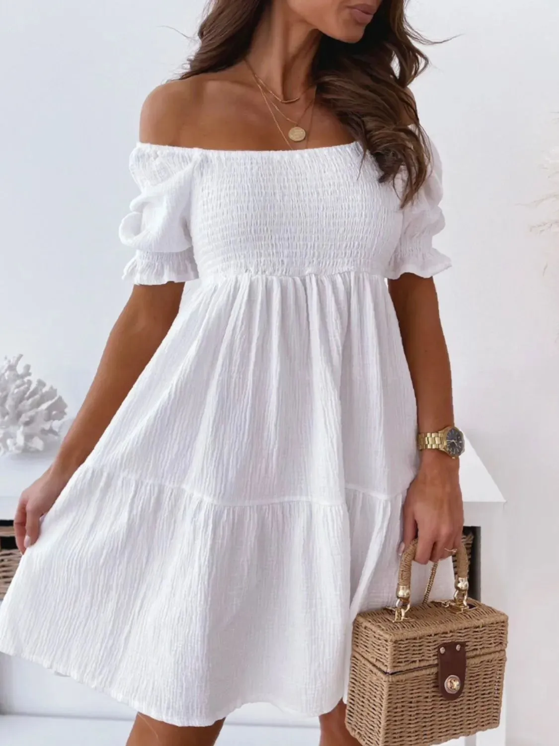 Smocked Off-Shoulder Mini Dress S-XL