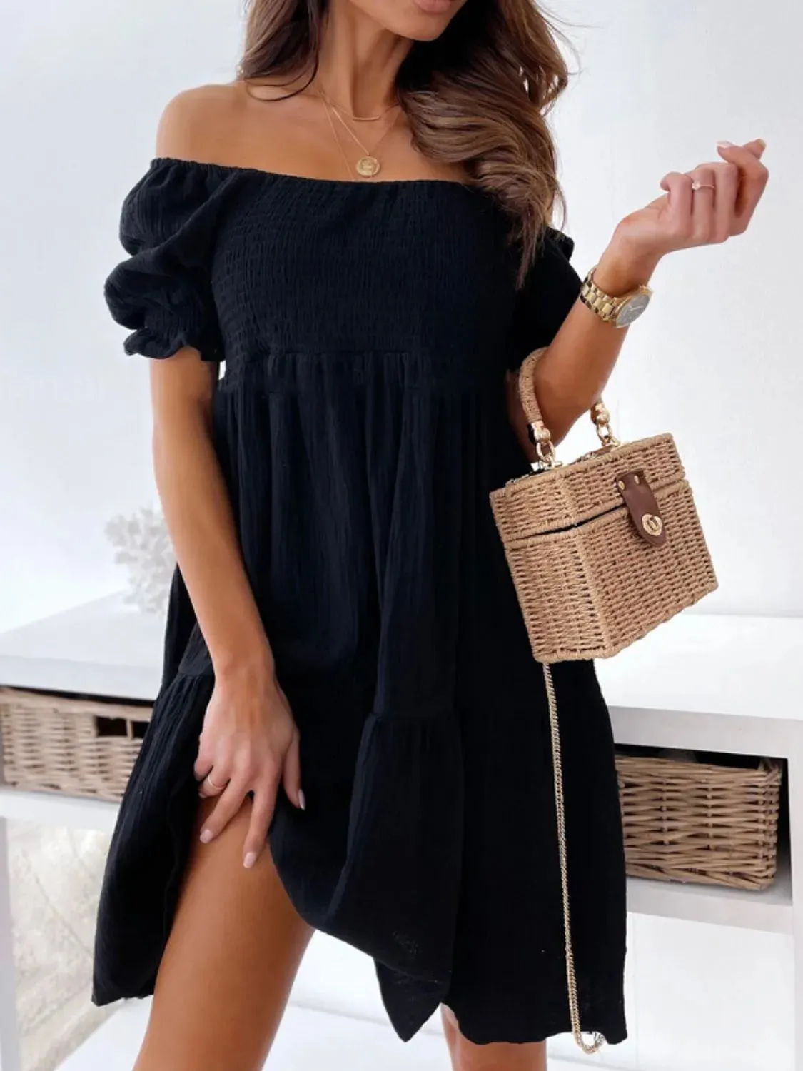 Smocked Off-Shoulder Mini Dress S-XL
