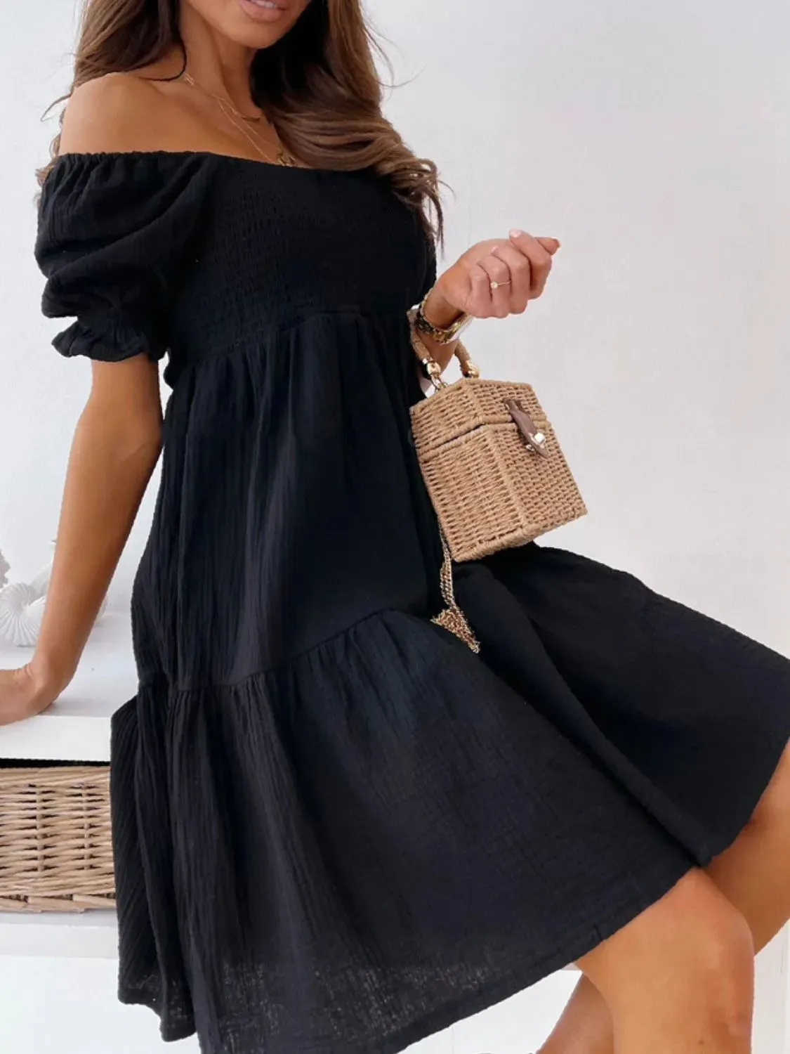 Smocked Off-Shoulder Mini Dress S-XL