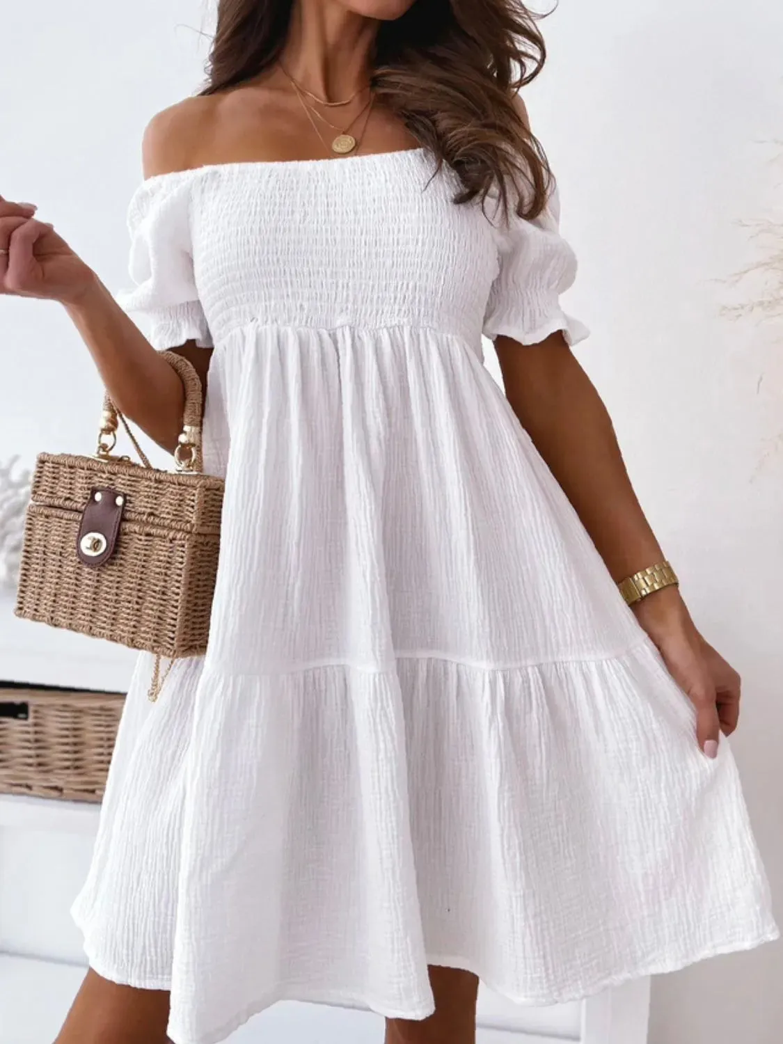 Smocked Off-Shoulder Mini Dress S-XL