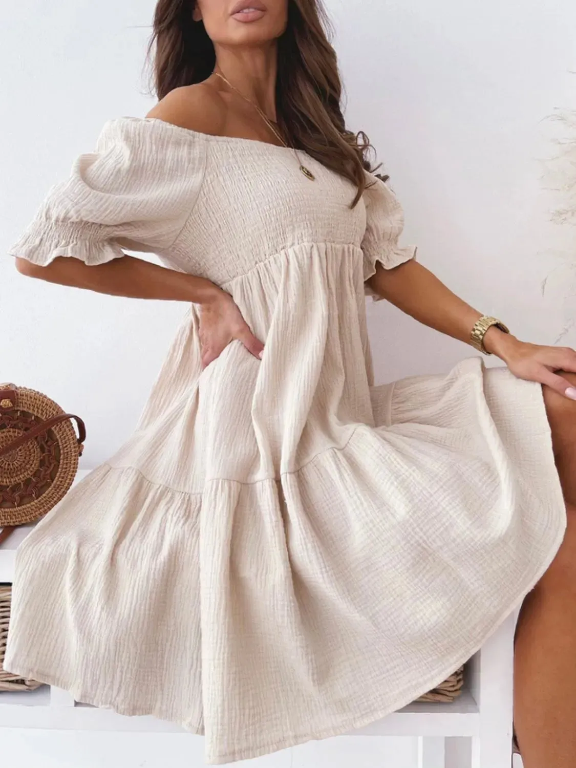 Smocked Off-Shoulder Mini Dress S-XL