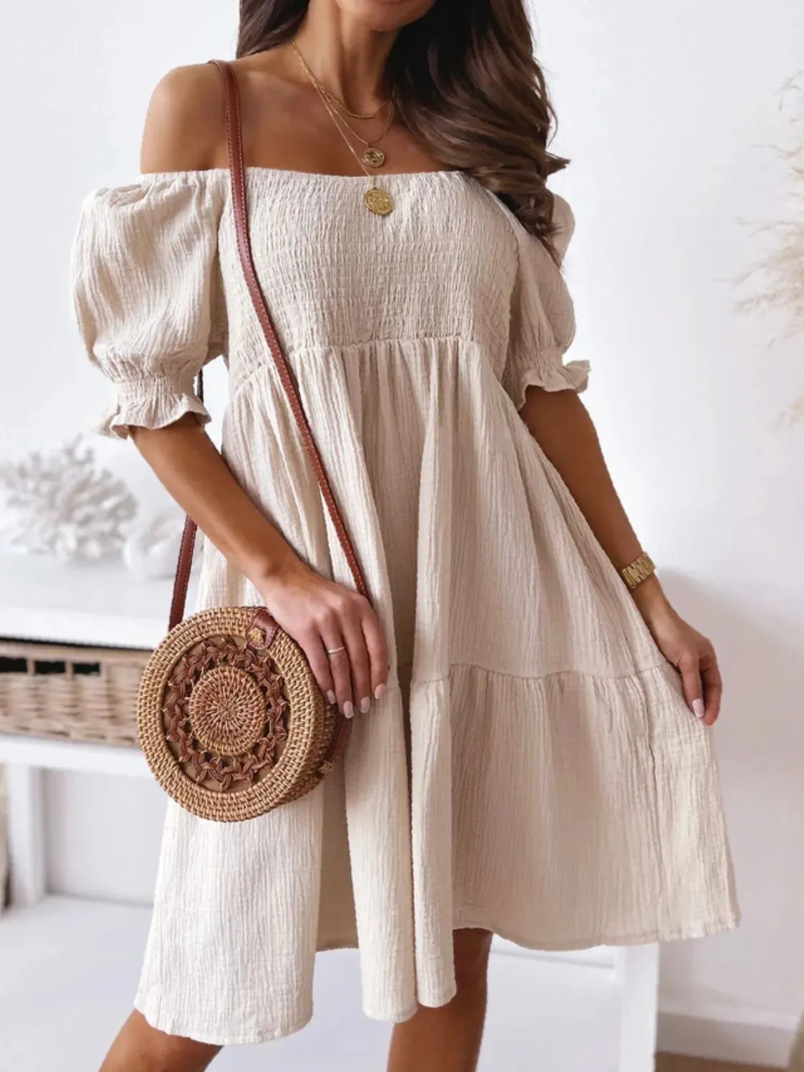 Smocked Off-Shoulder Mini Dress S-XL