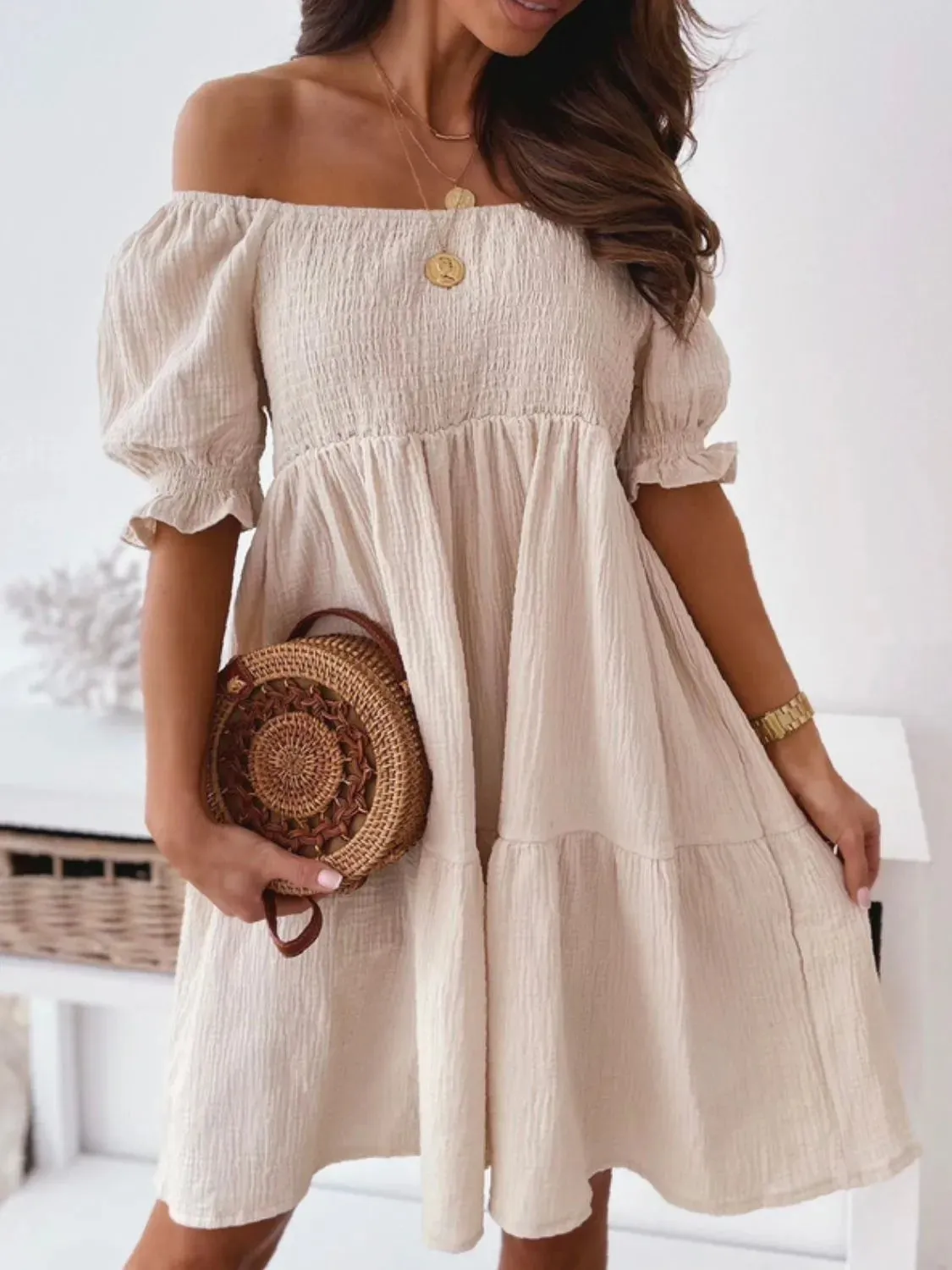 Smocked Off-Shoulder Mini Dress S-XL