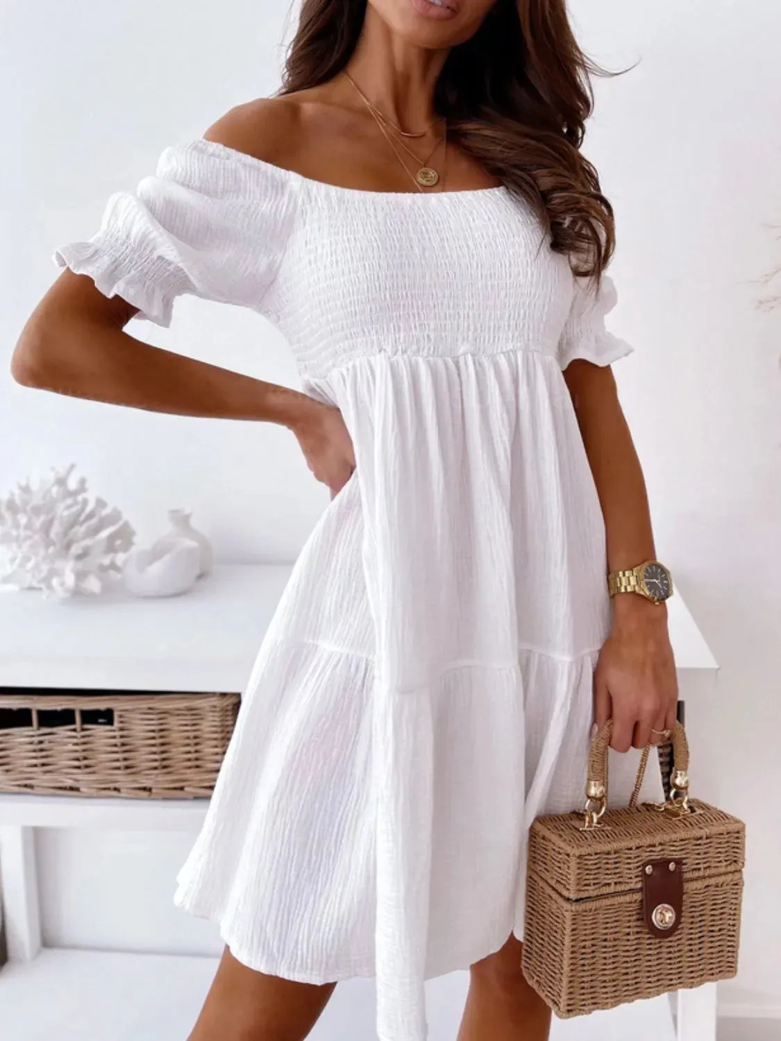 Smocked Off-Shoulder Mini Dress S-XL