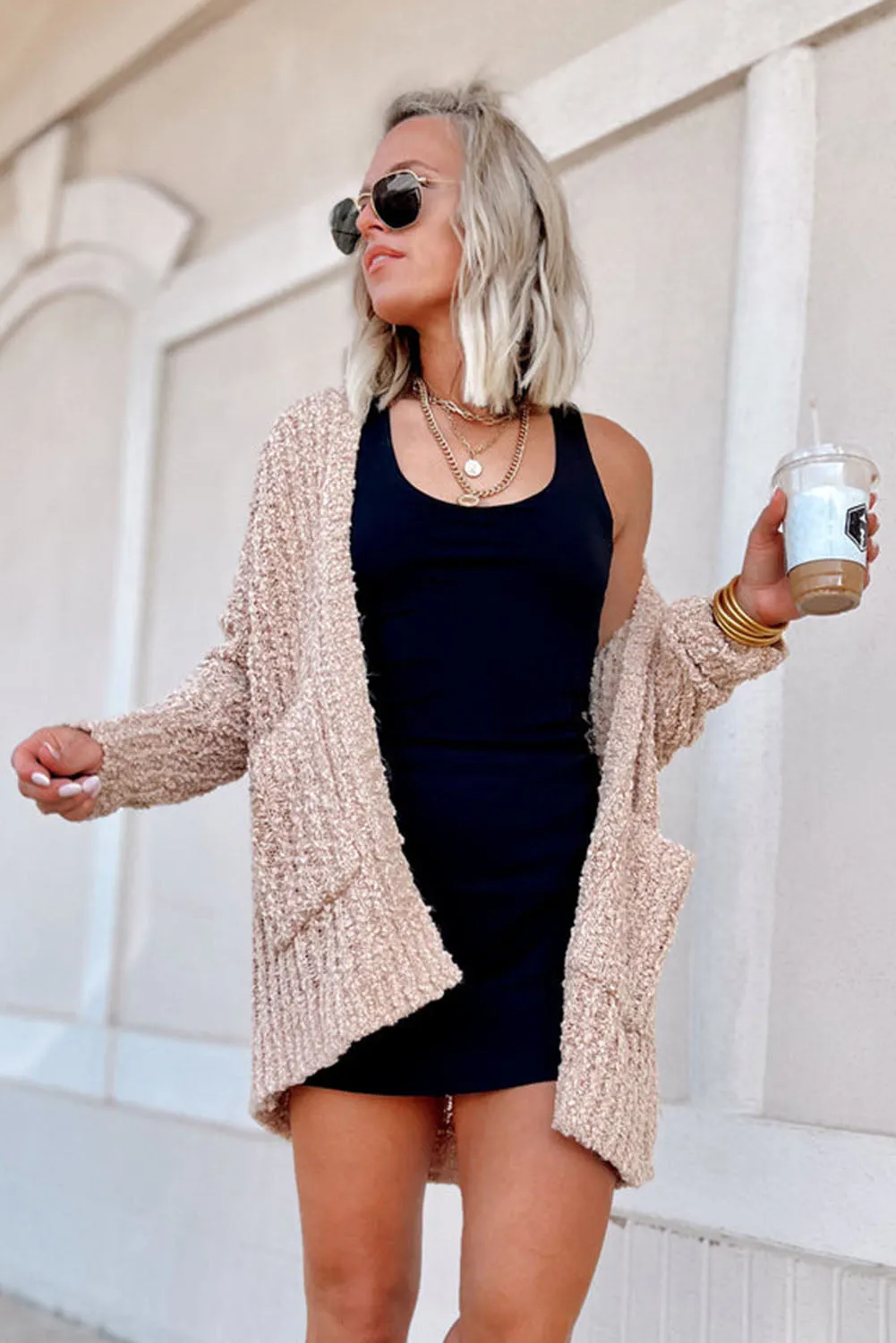 Smoke Gray Popcorn Textured Knit Cardigan with Pockets