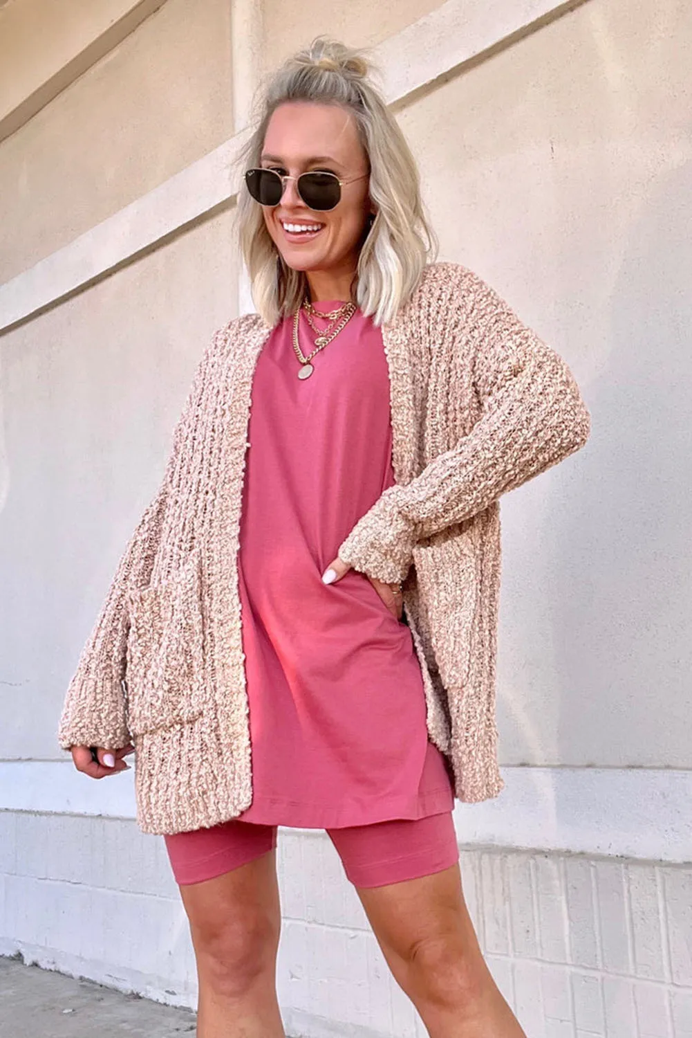 Smoke Gray Popcorn Textured Knit Cardigan with Pockets