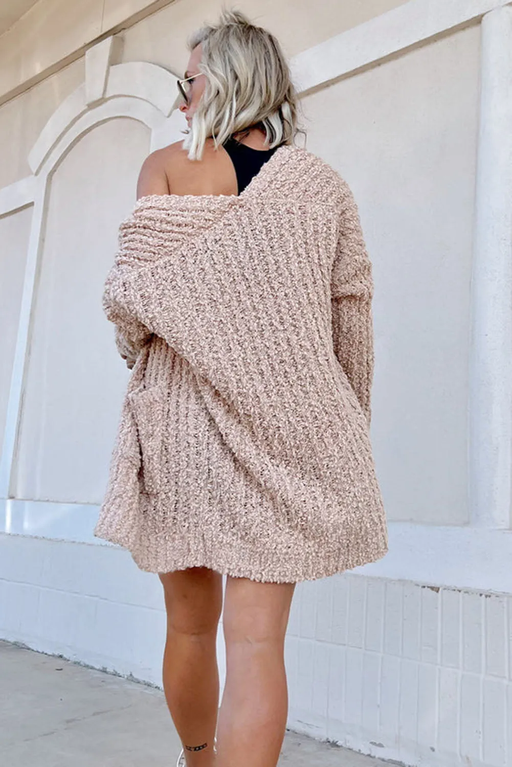 Smoke Gray Popcorn Textured Knit Cardigan with Pockets