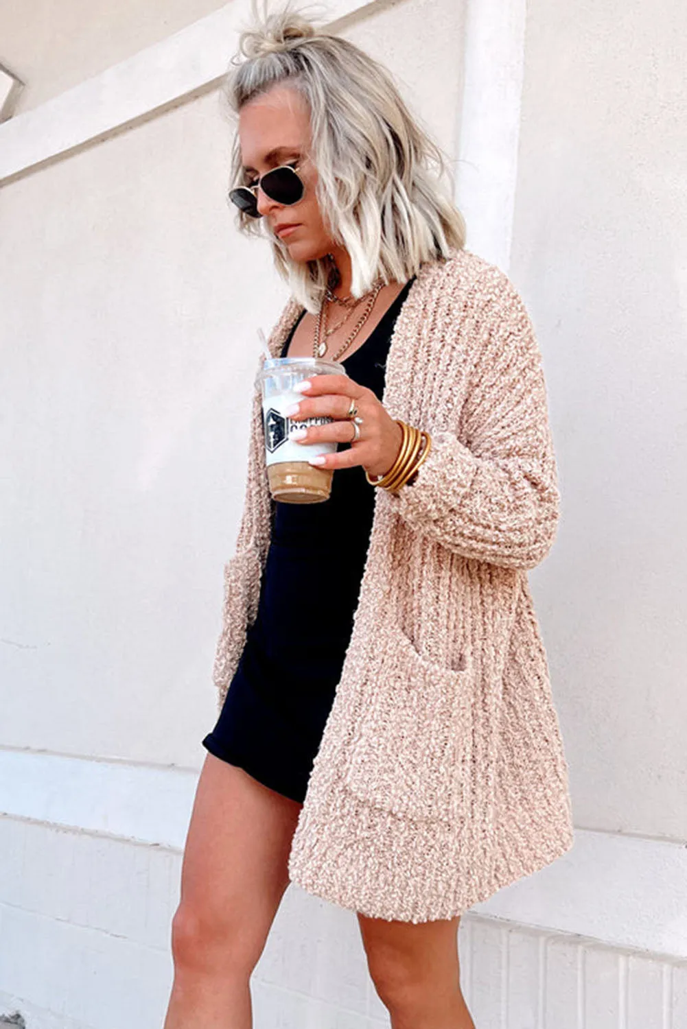 Smoke Gray Popcorn Textured Knit Cardigan with Pockets