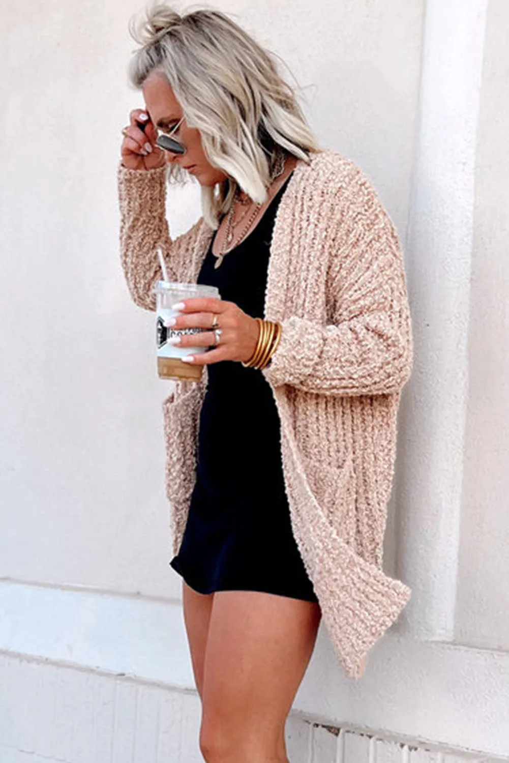 Smoke Gray Popcorn Textured Knit Cardigan with Pockets