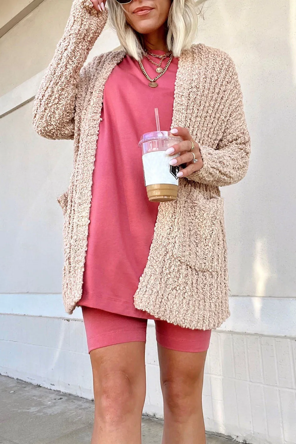 Smoke Gray Popcorn Textured Knit Cardigan with Pockets