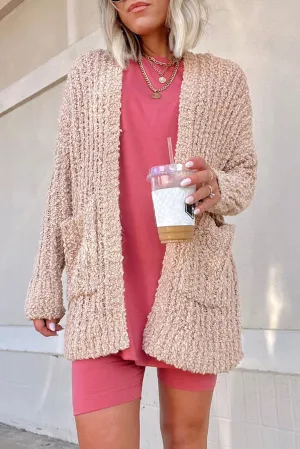 Smoke Gray Popcorn Textured Knit Cardigan with Pockets