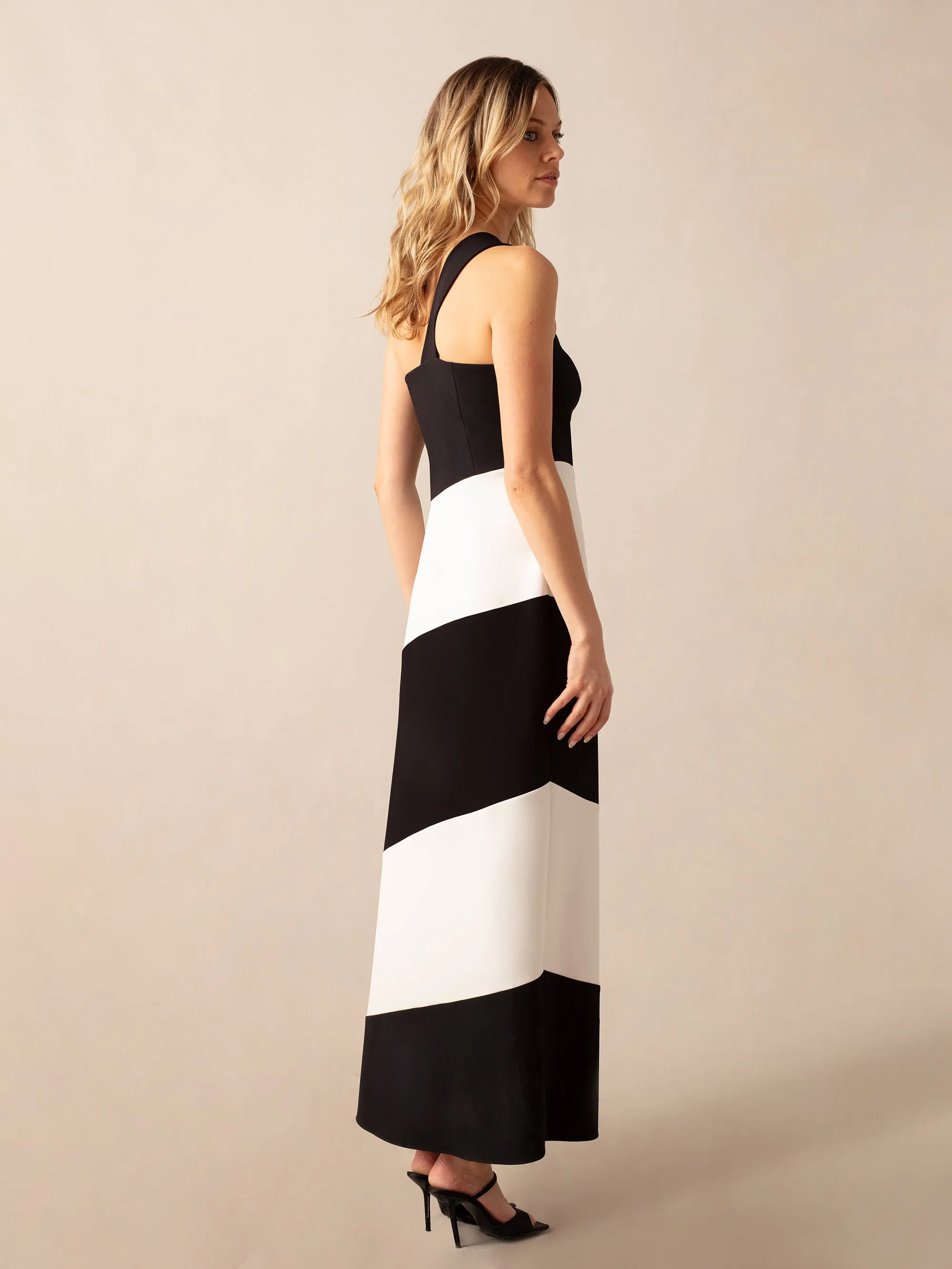 Sofia Mono Stripe One Shoulder Maxi Dress